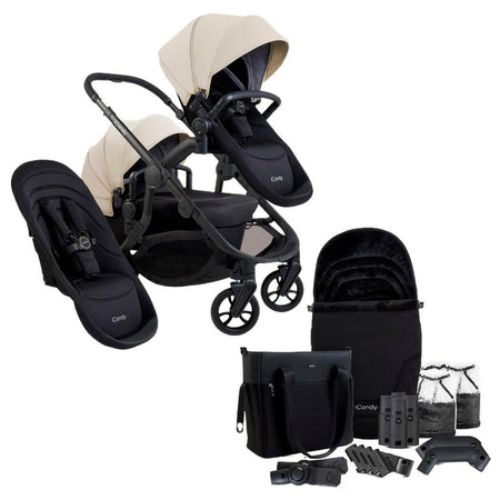 iCandy Orange 4 Double Bundle - Latte - showing the pram pushchair with second seat fabric and included accessories