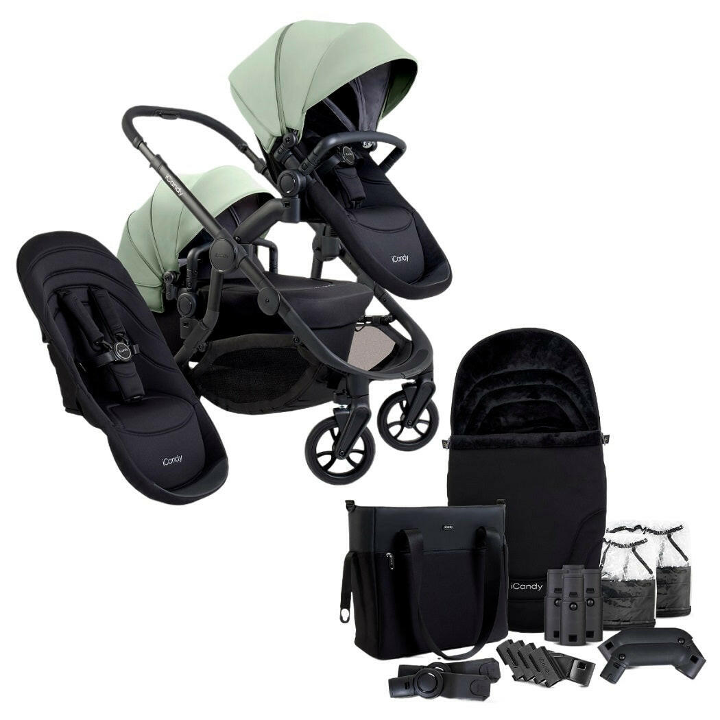 iCandy Orange 4 Double Bundle - Pistachio - showing the pram pushchair with second seat fabric and included accessories