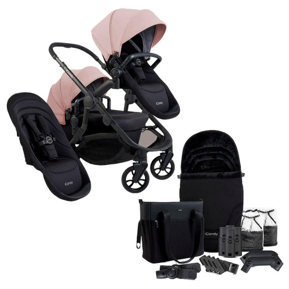 iCandy Orange 4 Double Bundle - Rose - showing the pram pushchair with second seat fabric and included accessories