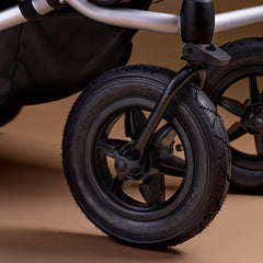Mountain Buggy Duet V4 - close up of air-filled all-terrain tyres and wheel lock