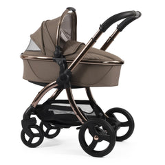 egg3 Luxury Bundle (Mink) - showing the carrycot and chassis together as the pram and the ventilation panel in the hood
