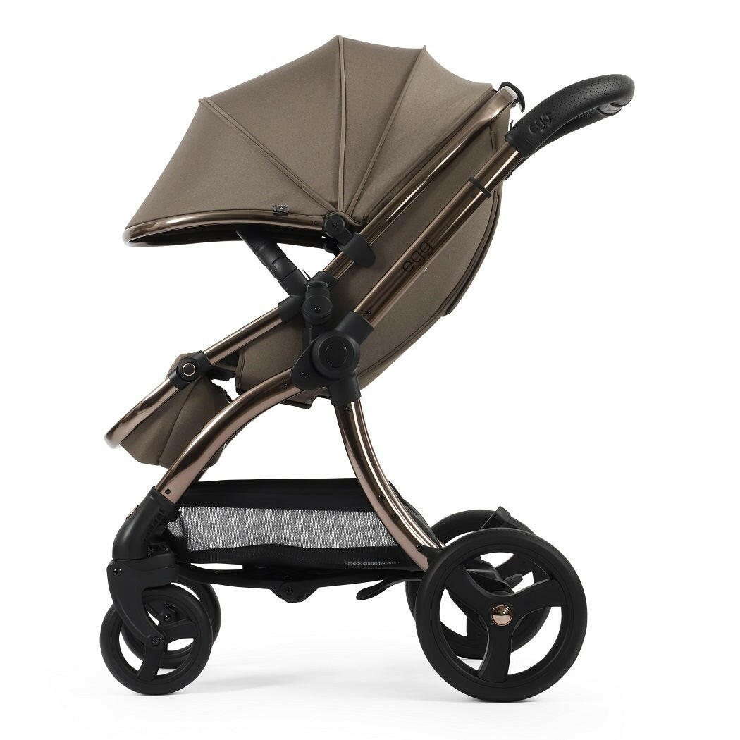 egg3 Stroller - Mink - side view, forward-facing with hood fully extended