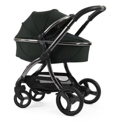 egg3 Luxury Bundle (Black Olive) - showing the carrycot and chassis together as the pram with its hood fully extended
