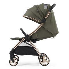 eggZ Stroller (Hunter Green) - side view, showing the stroller with its seat fully reclined, leg rest raised and hood fully extended showing the ventilation panel