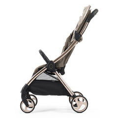eggZ Stroller (Mink) - side view, showing the stroller with its hood retracted and seat upright