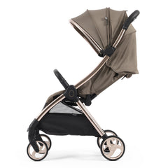 eggZ Stroller (Mink) - sice view, showing the stroller with its seat reclined and hood further extended