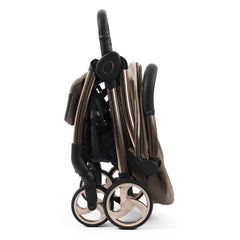 eggZ Stroller (Mink) - side view, showing the stroller folded and freestanding