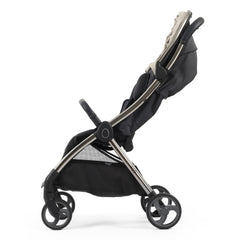 eggZ Stroller (Carbonite) - side view, showing the stroller with its hood folded and leg rest lowered