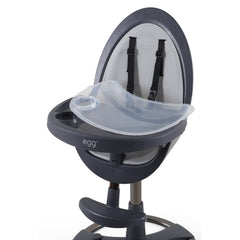 egg Grey Highchair - close up view with grey seat pad, food trays and safety harness