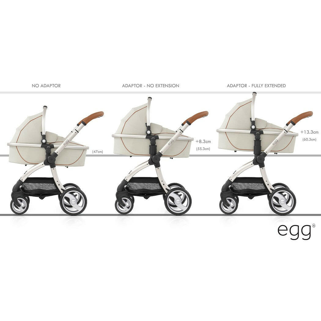 egg Stroller Adjustable Height Adaptors - graphic showing the height difference when used with egg carrycot and chassis