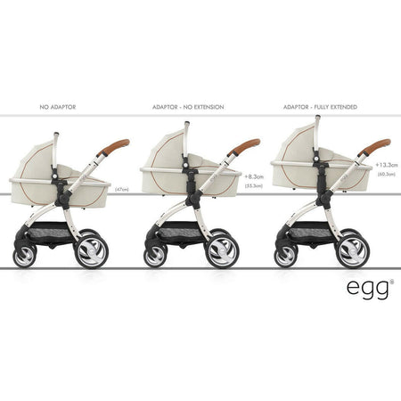 egg Stroller Adjustable Height Adaptors - graphic showing the height difference when used with egg carrycot and chassis