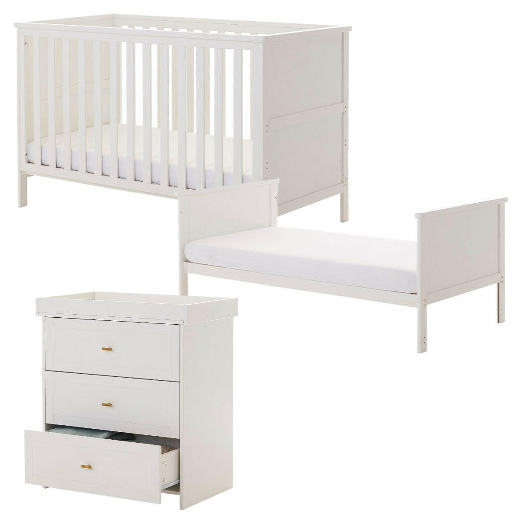 Obaby Evie 2 Piece Room Set - White - showing the cot, toddler bed and changing unit