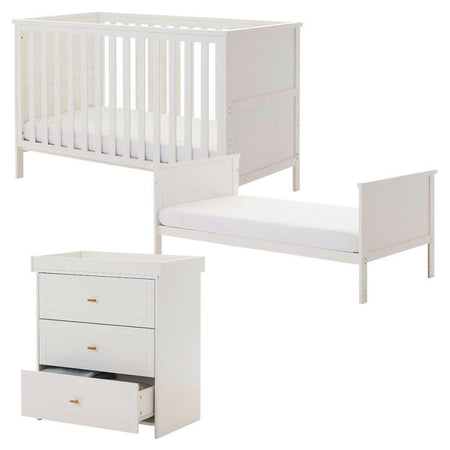 Obaby Evie 2 Piece Room Set - White - showing the cot, toddler bed and changing unit