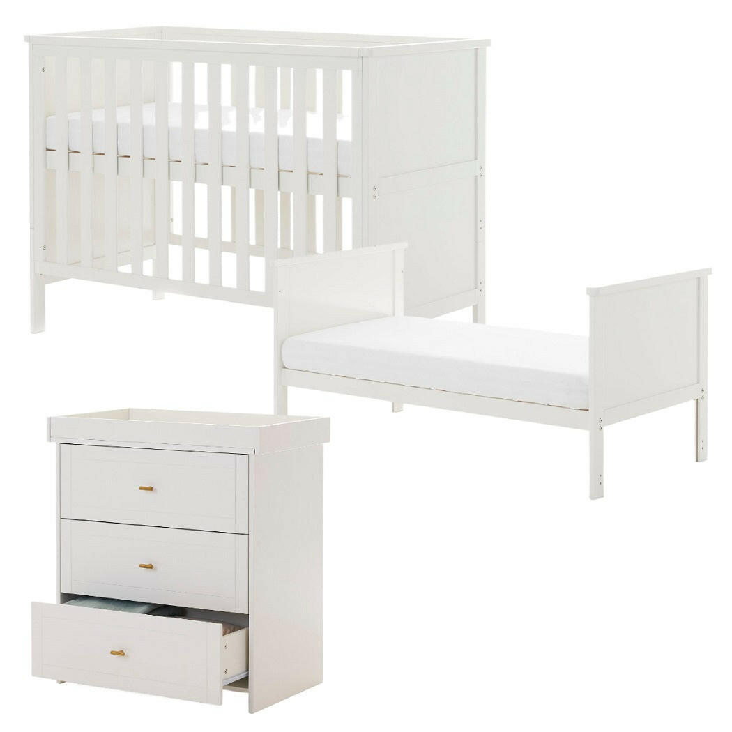 Obaby Evie MINI 2 Piece Room Set - White - showing the mini cot, mini toddler bed and changing unit