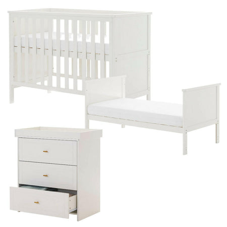 Obaby Evie MINI 2 Piece Room Set - White - showing the mini cot, mini toddler bed and changing unit