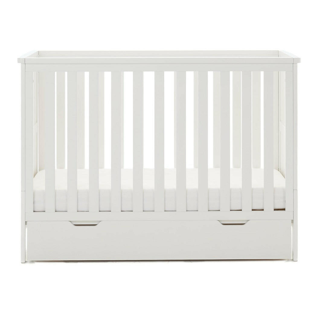 Obaby Evie MINI Cot Bed with Under Drawer - 120x60cm White - showing the cot with the under drawer