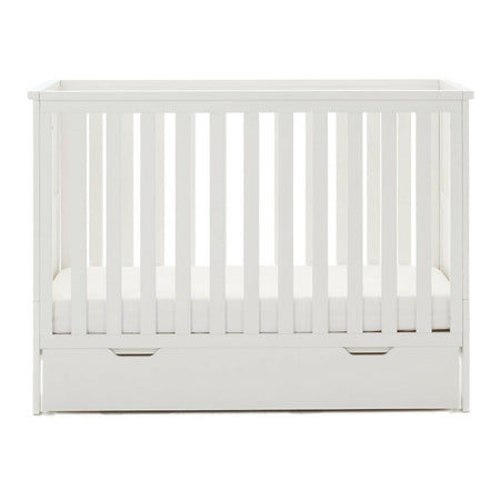 Obaby Evie MINI Cot Bed with Under Drawer - 120x60cm White - showing the cot with the under drawer