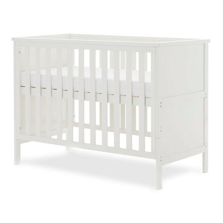 Obaby Evie MINI Cot Bed - White - showing the mini cot with its mattress base at the lowest level (mattress not included)