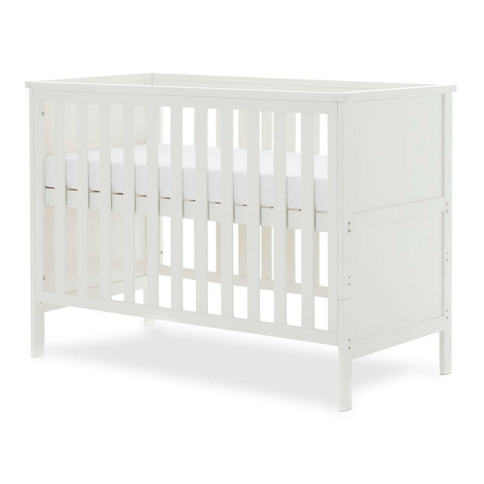 Obaby Evie MINI Cot Bed - White - shown as the mini cot with mattress base at its highest level (mattress not included)