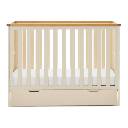 Obaby Evie MINI Cot Bed with Under Drawer - 120x60cm Cashmere - showing the cot with the under drawer