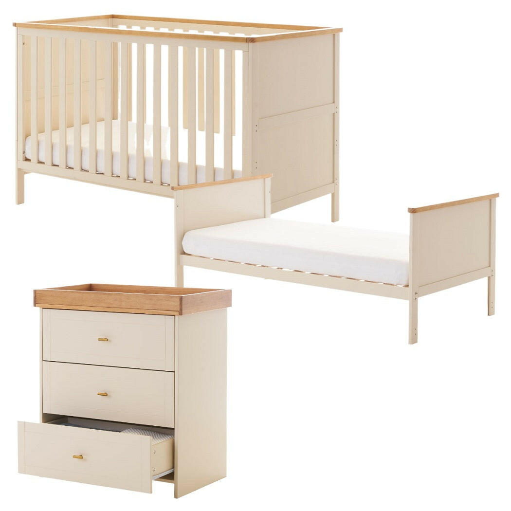Obaby Evie 2 Piece Room Set - Cashmere - showing the cot, toddler bed and changing unit