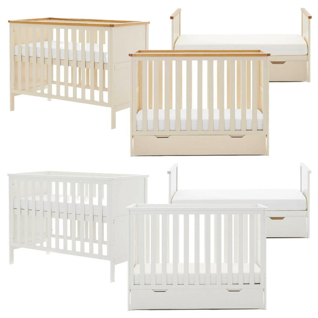 Obaby Evie MINI Cot Bed - 120x60cm Cashmere and White - showing the mini cots and junior beds, with and without the under drawers