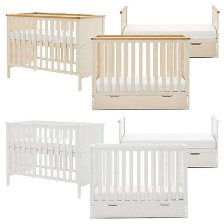 Obaby Evie MINI Cot Bed - 120x60cm Cashmere and White - showing the mini cots and junior beds, with and without the under drawers