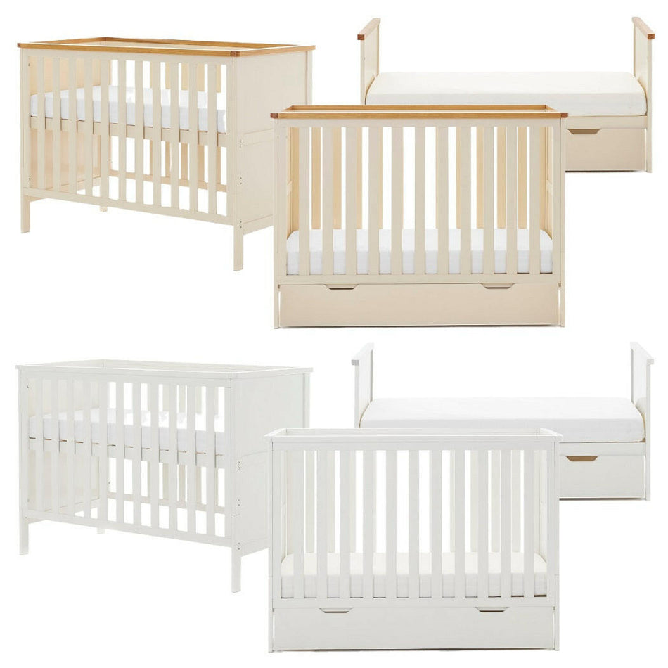 Obaby Evie MINI Cot Bed - 120x60cm Cashmere and White - showing the mini cots and junior beds, with and without the under drawers