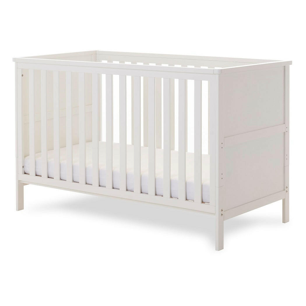 Obaby Evie Cot Bed - White - shown as the cot with mattress base at its lowest level (mattress not included)