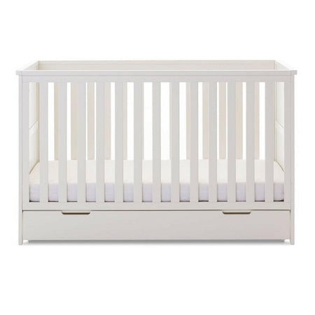 Obaby Evie Cot Bed with Under Drawer (140x70cm) White - shown with the mattress base at its lowest level