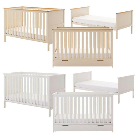 Obaby Evie Cot Bed - 140x70cm Cashmere and White - shown as the cot and junior beds, with and without the under drawers
