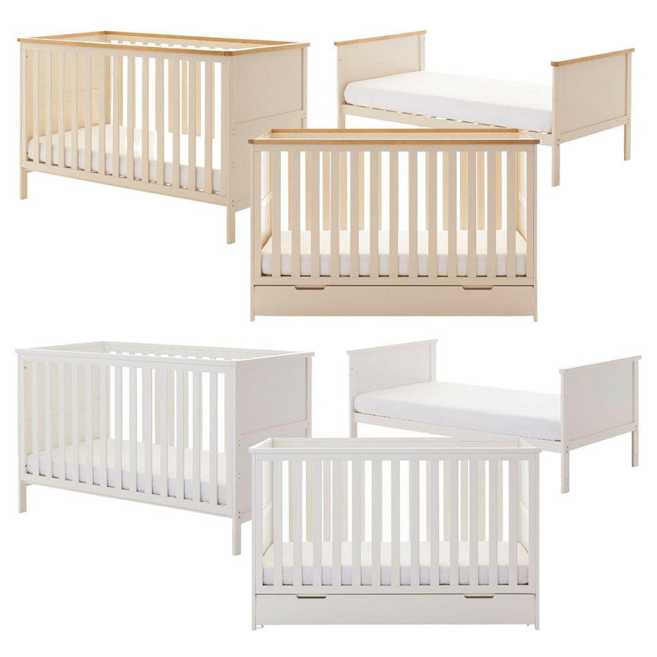 Obaby Evie Cot Bed - 140x70cm Cashmere and White - shown as the cot and junior beds, with and without the under drawers