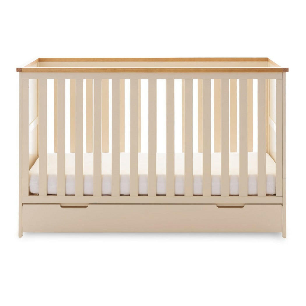 Obaby Evie Cot Bed with Under Drawer (140x70cm) Cashmere - shown with the mattress base at its lowest level