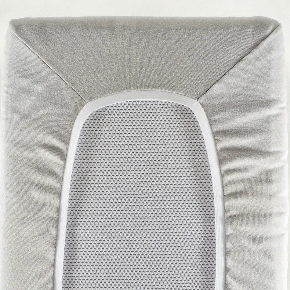 DK Glovesheets Chicco Next 2 Me / Lullago Fitted Sheet (Grey) - showing the sheet fitted to a mattress and its elasticated edging