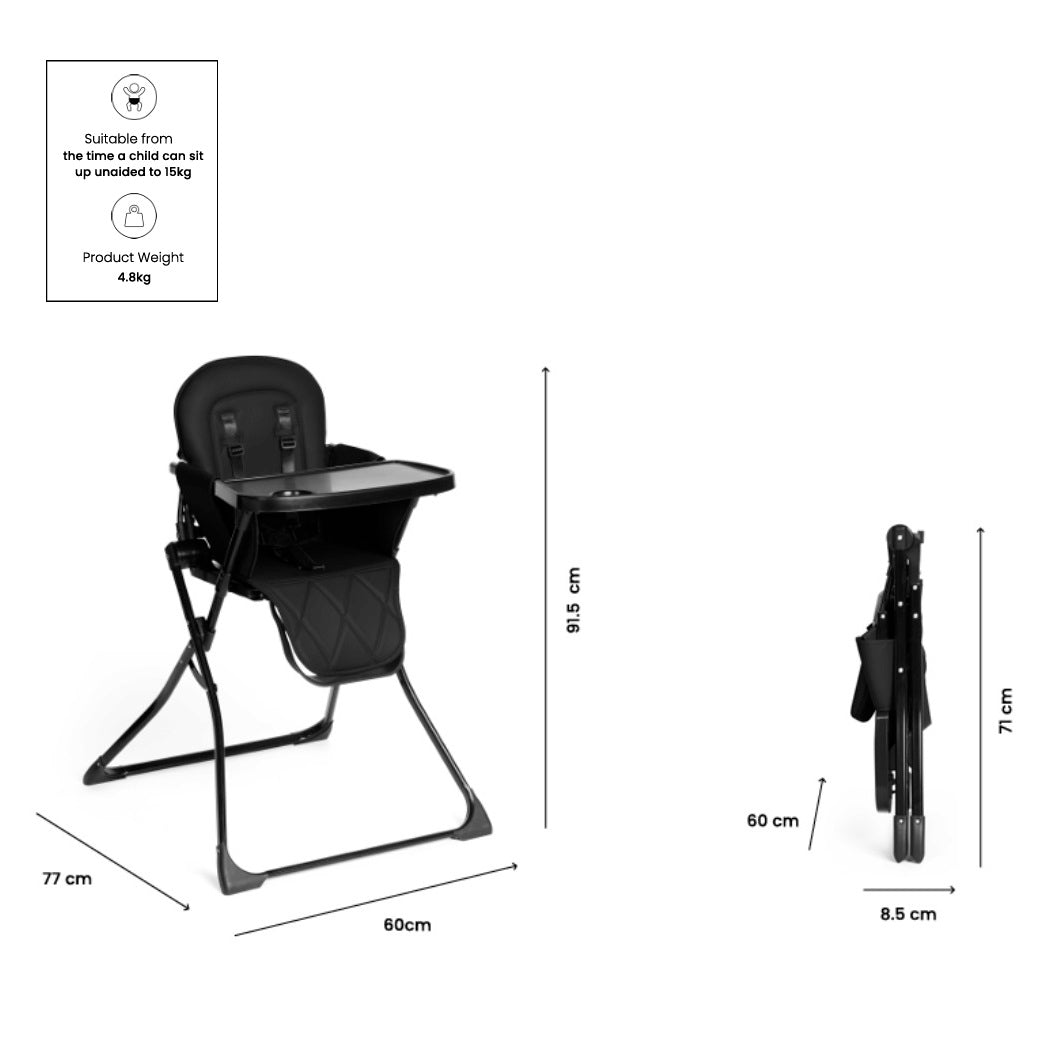 Ickle Bubba Flip Pro Magic Fold Highchair showing upright and folded dimensions