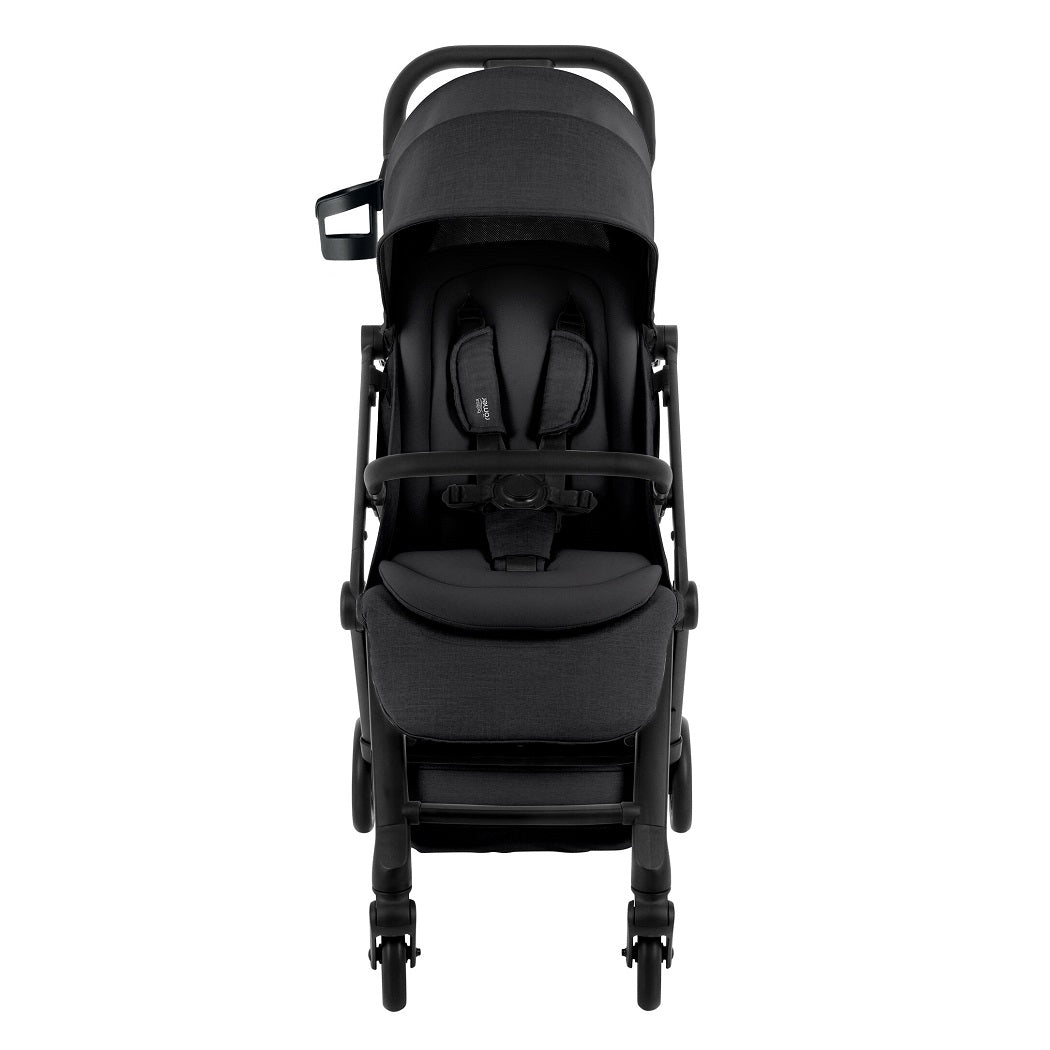 Britax Flylite Travel Stroller - Carbon Black - front view with safety harness, bumper bar and cup holder
