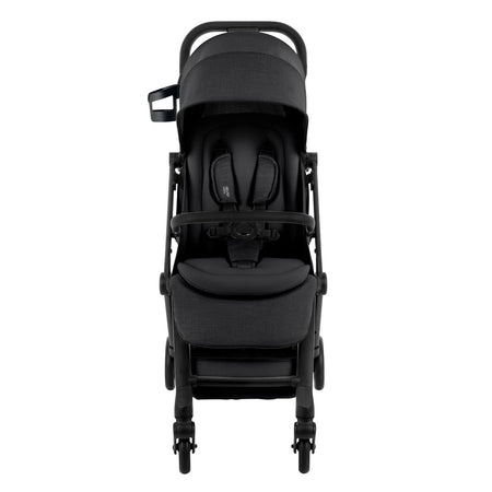 Britax Flylite Travel Stroller - Carbon Black - front view with safety harness, bumper bar and cup holder