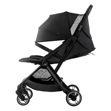 Britax Flylite Travel Stroller - Carbon Black - side view with seat reclined, hood fully extended and leg rest raised