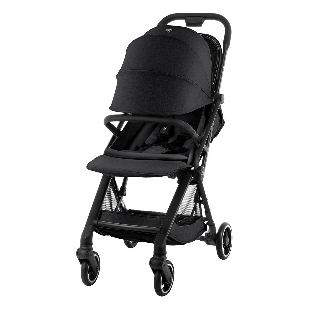 Britax Flylite Travel Stroller - Carbon Black - with hood fully extended and leg rest raised
