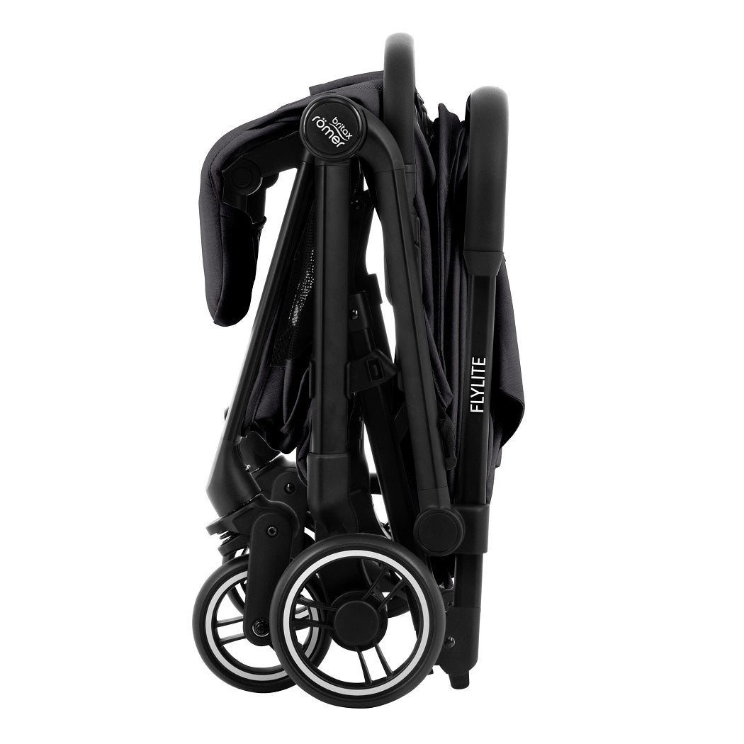 Britax Flylite Travel Stroller - Carbon Black - side view, folded and free-standing