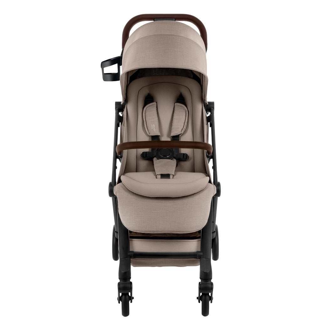 Britax Flylite Travel Stroller - Teak - front view with safety harness, bumper bar and cup holder