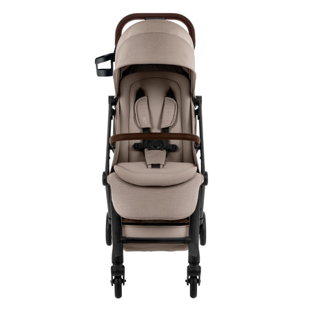 Britax Flylite Travel Stroller - Teak - front view with safety harness, bumper bar and cup holder