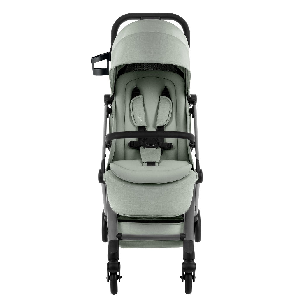 Britax Flylite Travel Stroller - Sage Green - front view with safety harness, bumper bar and cup holder