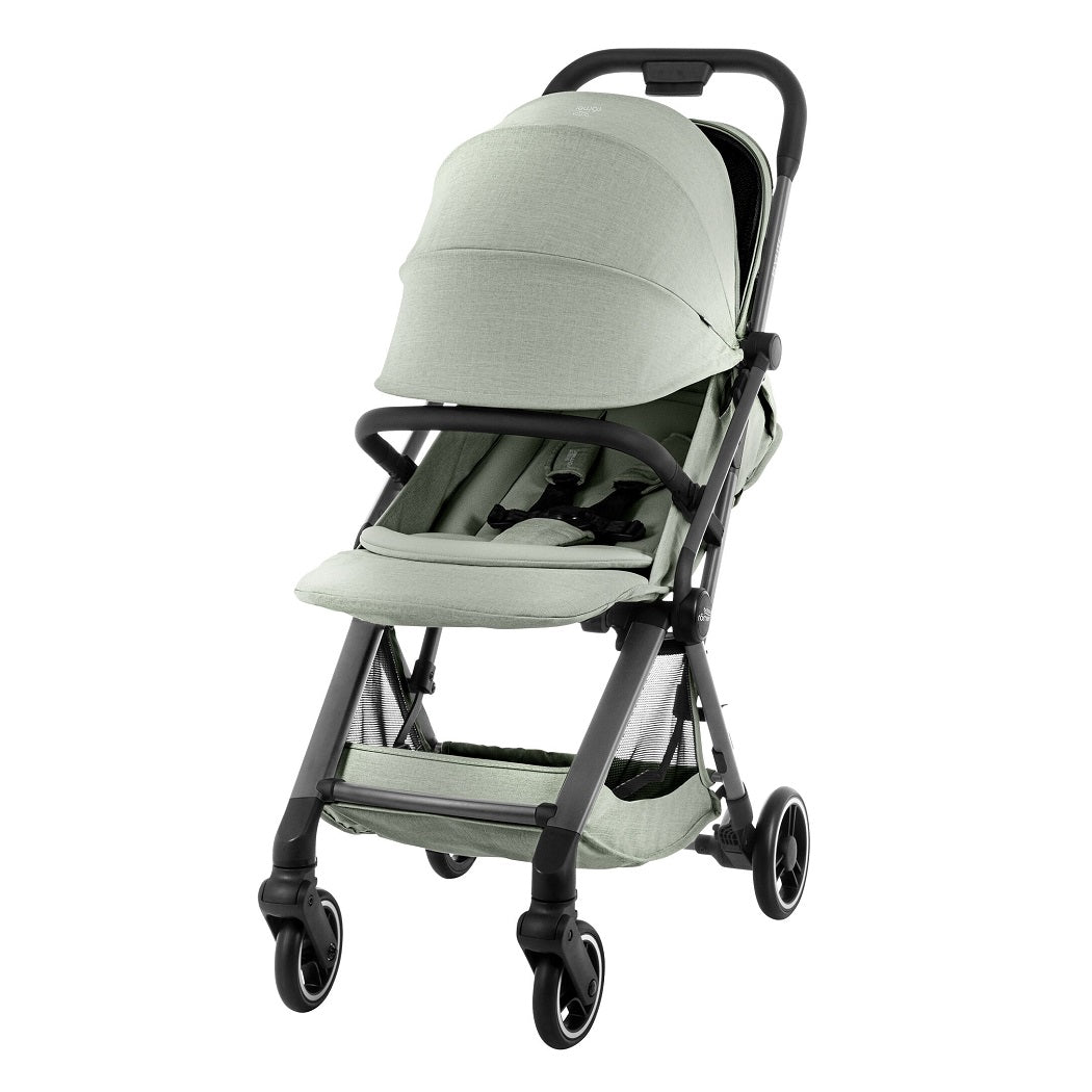 Britax Flylite Travel Stroller - Sage Green with hood fully extended and leg rest raised