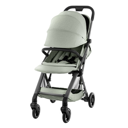 Britax Flylite Travel Stroller - Sage Green with hood fully extended and leg rest raised