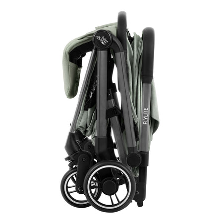 Britax Flylite Travel Stroller - Sage Green - side view, folded and free-standing