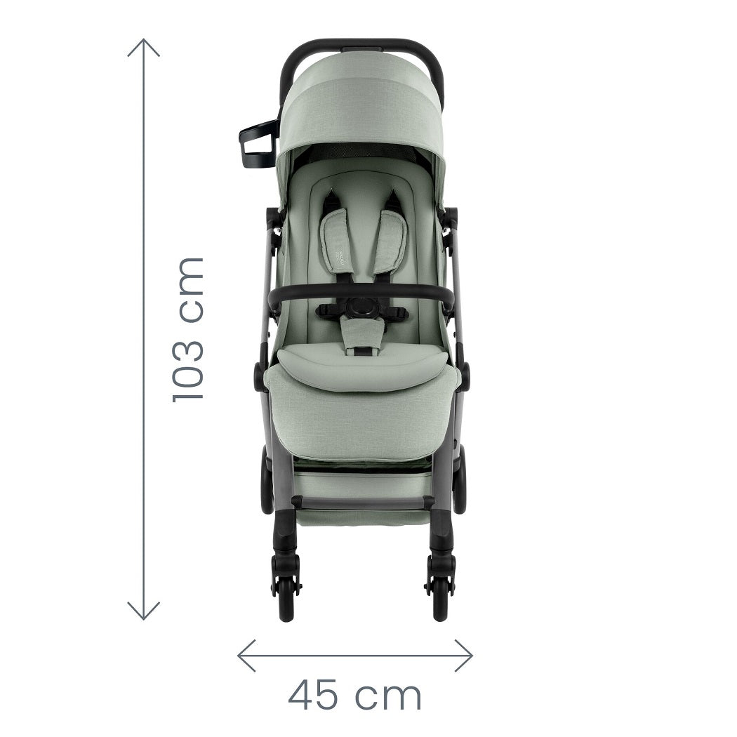 Britax Flylite Travel Stroller - Sage Green - front view, dimensions