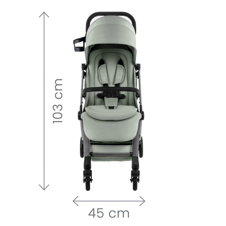 Britax Flylite Travel Stroller - Sage Green - front view, dimensions