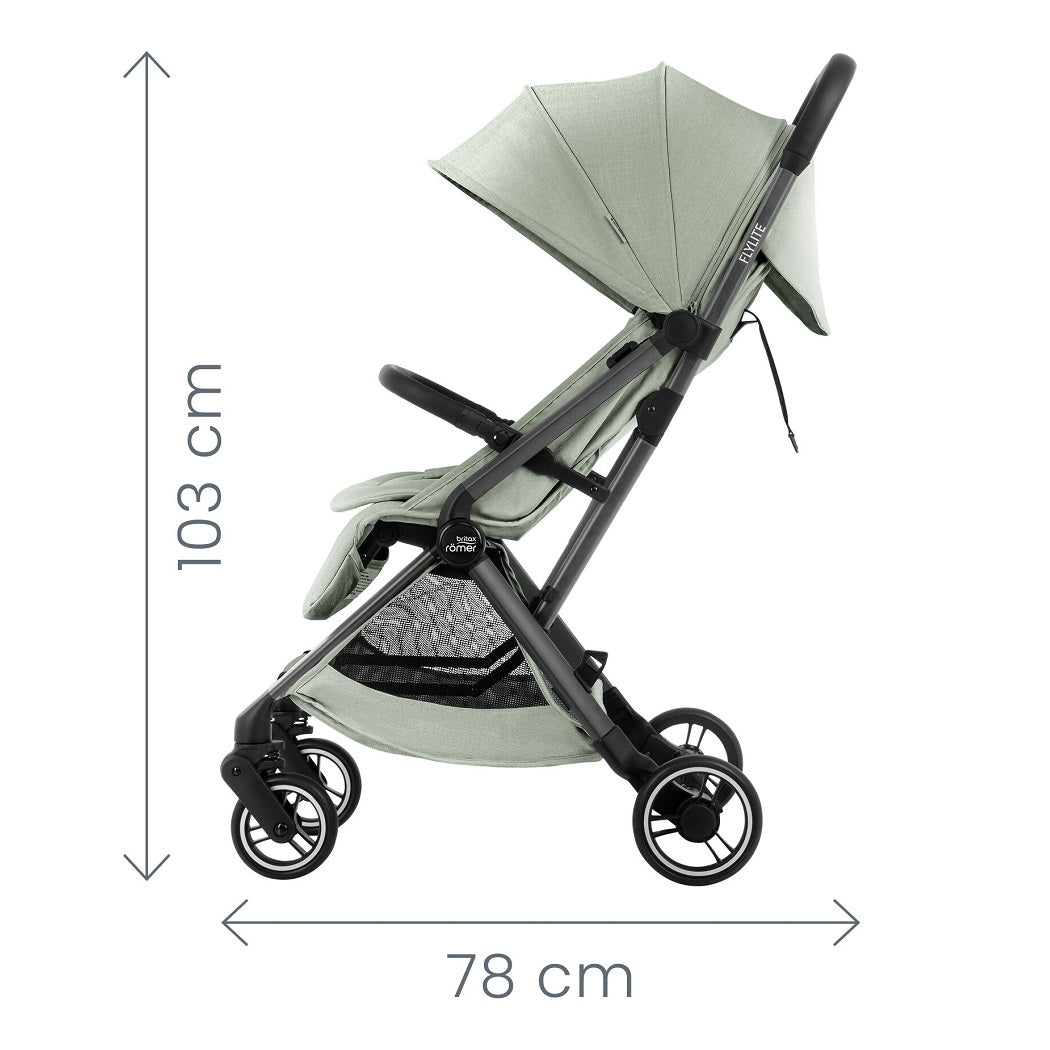 Britax Flylite Travel Stroller - Sage Green - side view, dimensions