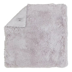 Bizzi Growin Koochicoo Soft & Fluffy Baby Blanket (Whisper Grey) - showing the blanket`s fluffy exterior and its velour reverse fabric with its pompom detailing